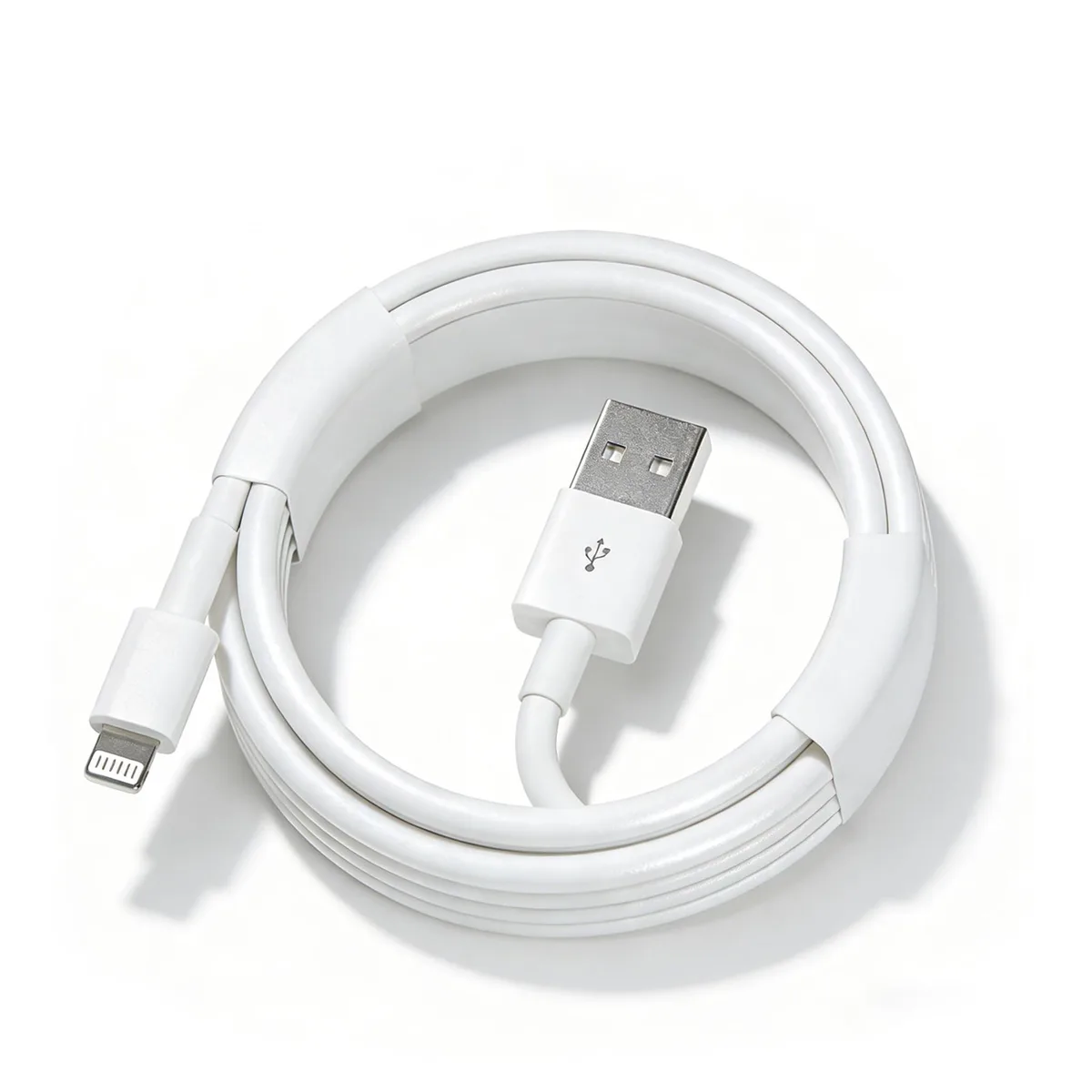 White USB-A to Lightning cable, 3.3 ft, compact coiled form