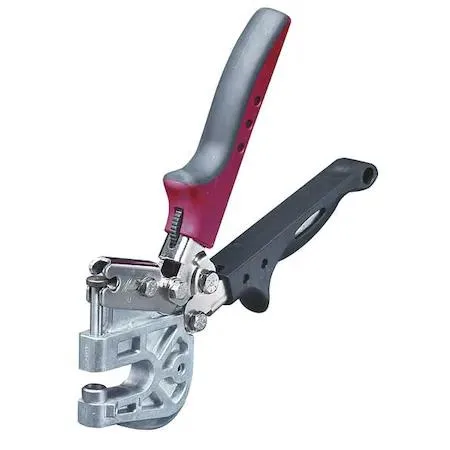 Malco PL1R punch lock stud crimper, red cushioned handles, nickel-plated zinc body