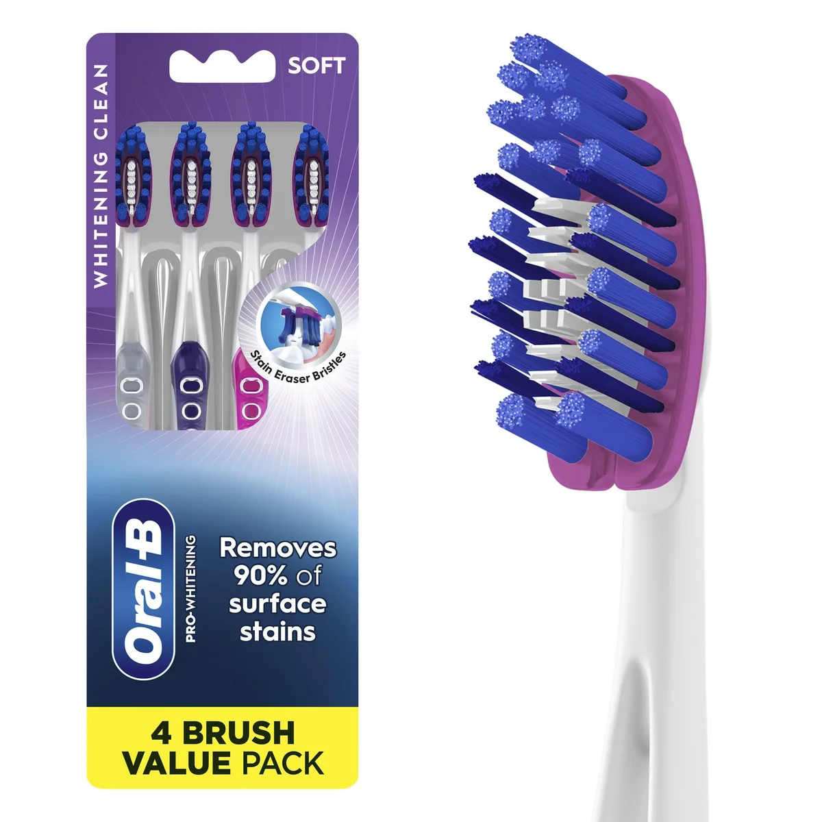 Four white soft-bristle manual toothbrushes with flexible heads