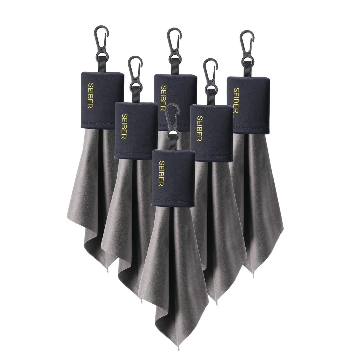 Six black microfiber cloths in neoprene pouches