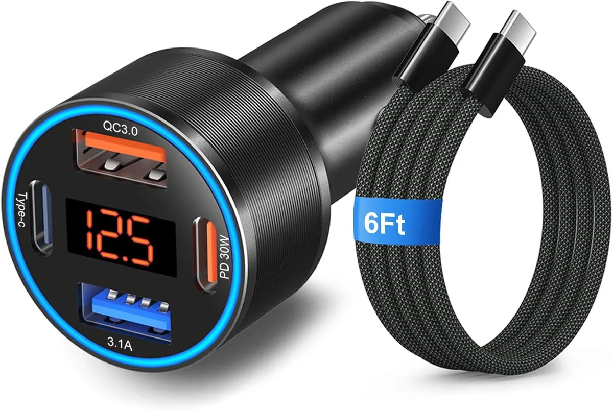 Hamzan Hamzan 65W 4-Port Car Charger USB-C PD 30W QC 18W Voltage Display 6ft Cable — product photo