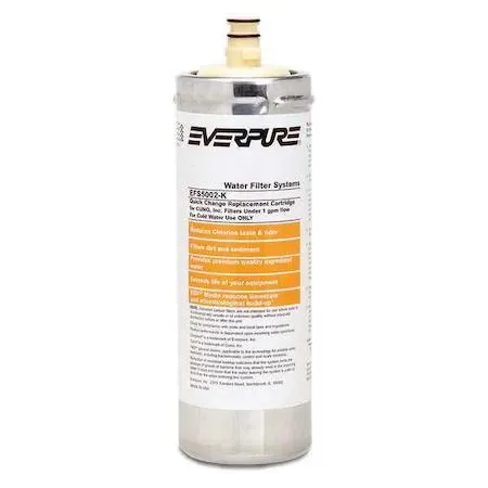 Transparent cylindrical filter cartridge with quick-connect fittings, 10 1/2 inches tall, 4 inch diameter