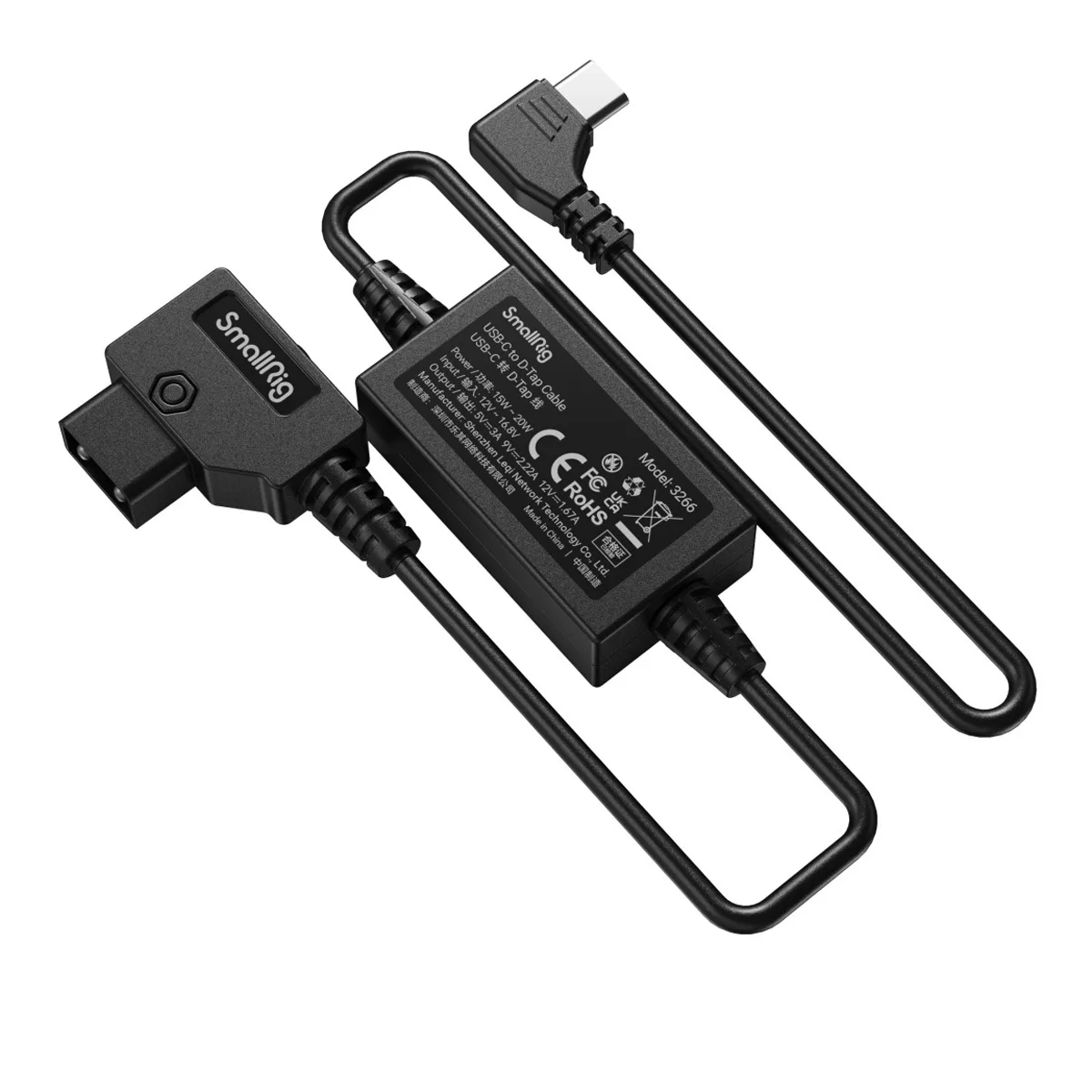 Coiled black cable with USB-C and D-Tap connectors, 500mm long