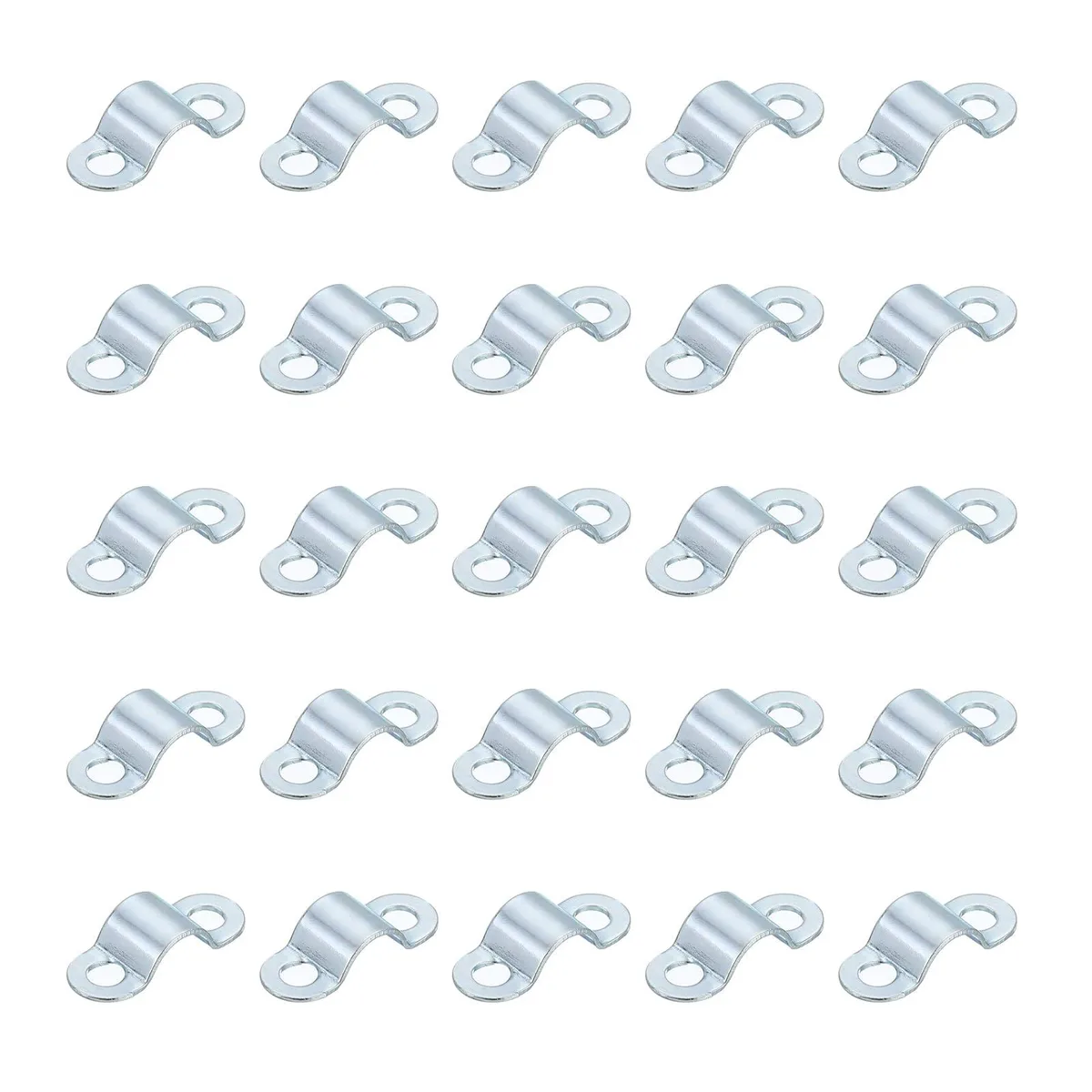 Twenty-five small U-shaped stainless steel clamps with two mounting holes each, polished silver finish