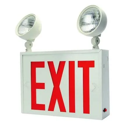 White steel exit sign with red letters and two adjustable emergency light heads