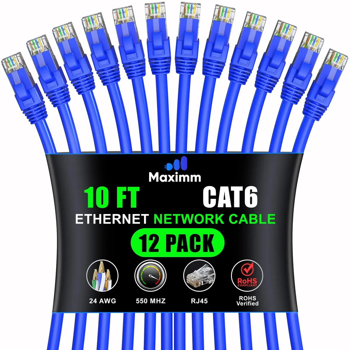 Twelve blue UTP Cat 6 patch cables with gold RJ45 connectors and snagless boots