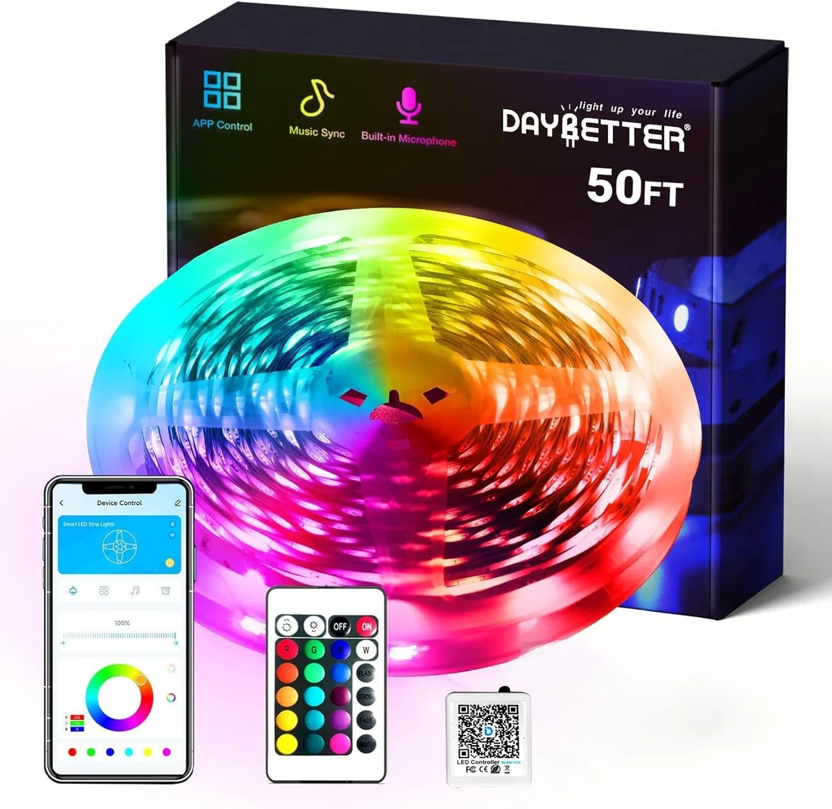 A 50 ft LED string light on a reel, plastic housing, red wire, 240 LEDs, 12 V power adapter, control box and IR remote included