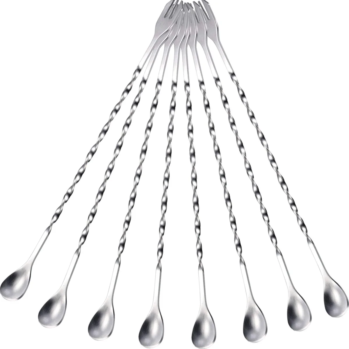 Seven black stainless steel cocktail spoons with spiral handles lying flat