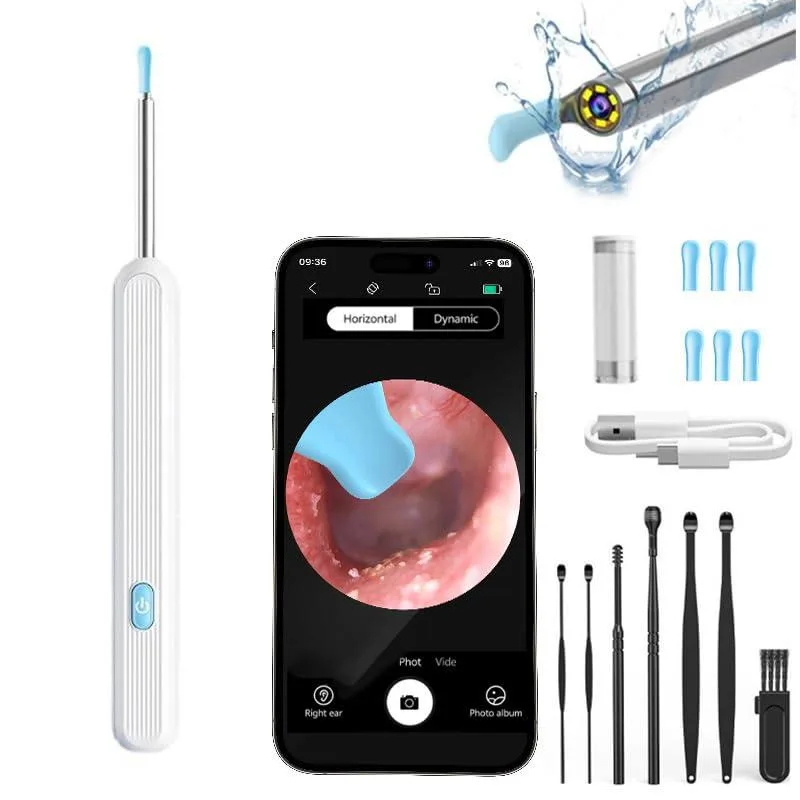 White ear wax removal tool with 1080P camera, 6 LED lights, IP67 waterproof, 360° lens