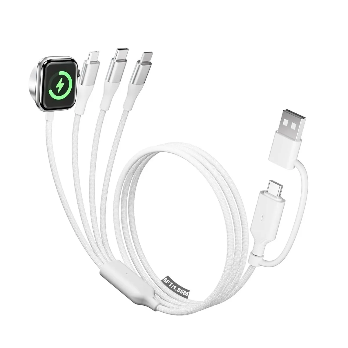White braided 6-foot cable with USB-C and USB-A plugs plus magnetic watch connector