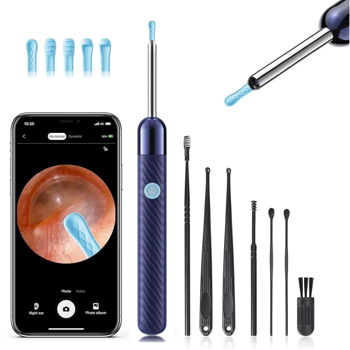 Blue wireless ear otoscope with curved Arc picks and charging cable