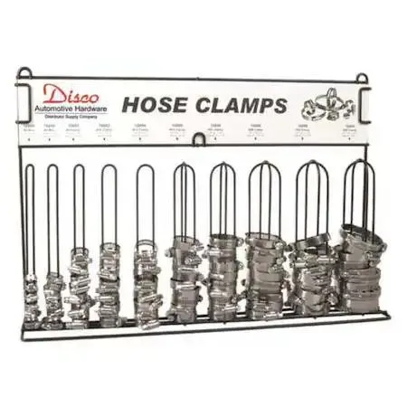 Metal display rack holding 100 stainless steel worm gear hose clamps in ten sizes