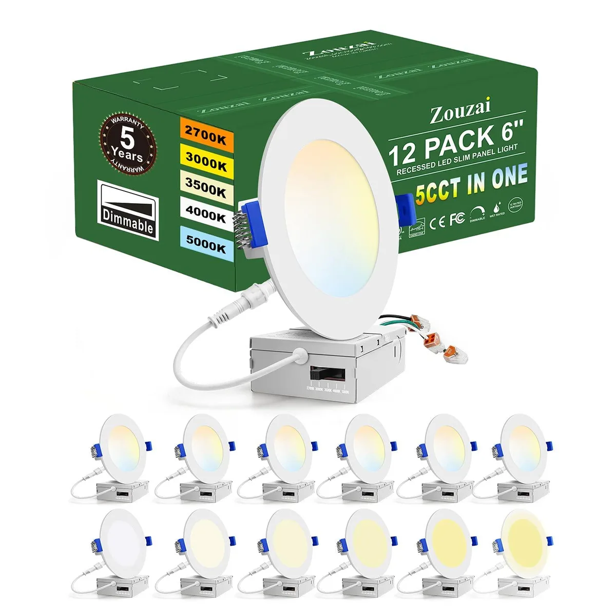 Twelve ultra-thin white recessed LED lights with clear prismatic glass and junction boxes