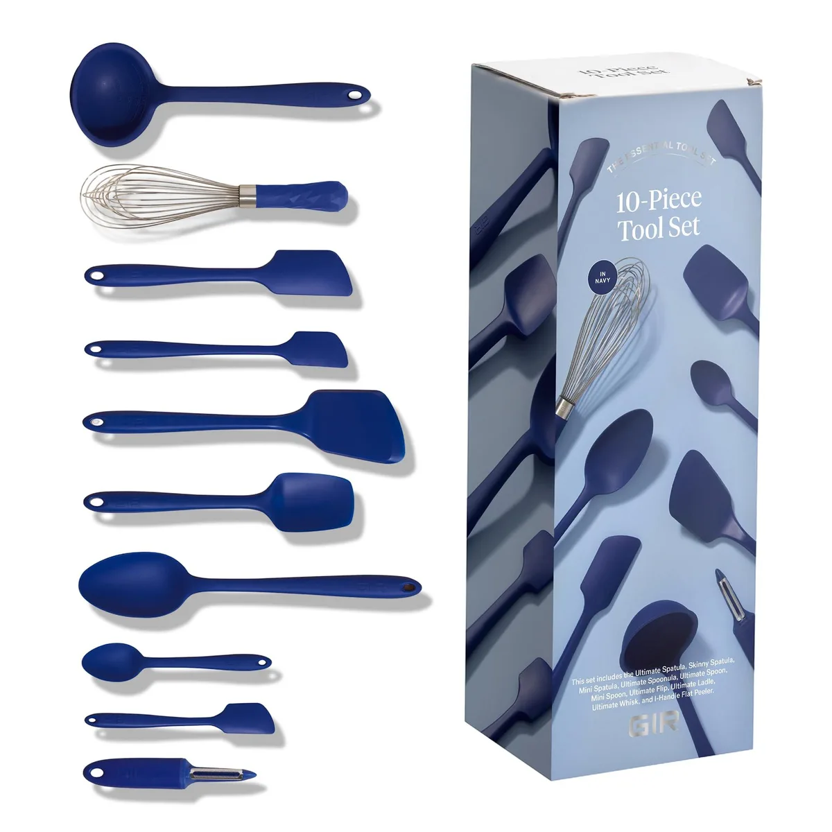 Ten navy silicone utensils with long handles on a surface