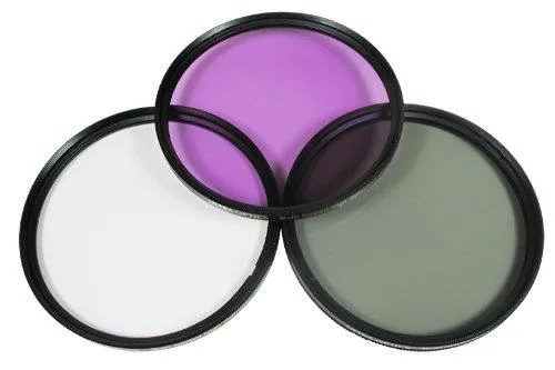 Three square glass filters in a protective case