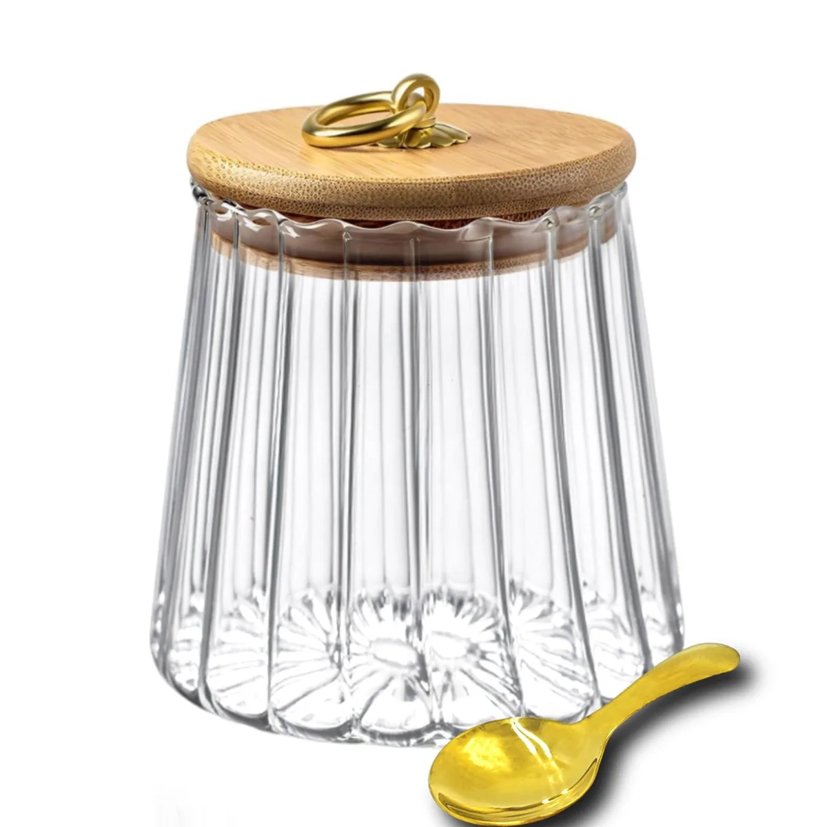 Clear tapered glass jar with bamboo lid and metal-handled spoon, 22 oz capacity