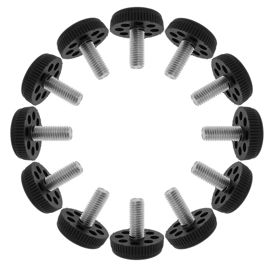 Twelve M10 adjustable leveling feet with 25mm thread and 35mm plastic base