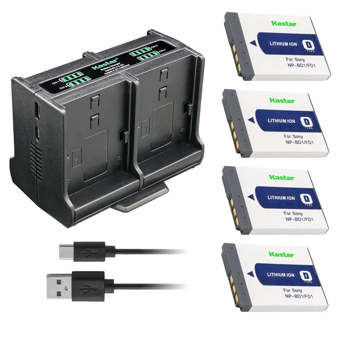 Kastar Kastar NP-BD1 4-pack battery &amp; quadruple charger, 1100mAh — product photo