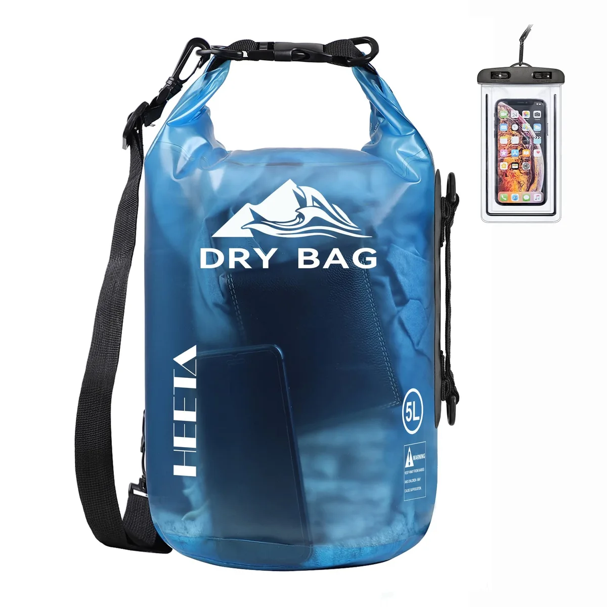 Transparent blue 5L PVC dry bag with roll top and shoulder straps