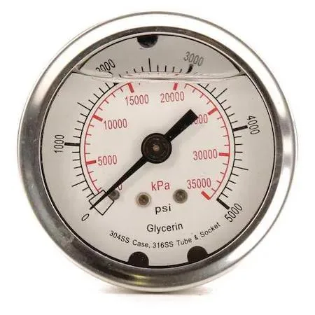 Two-inch stainless steel liquid-filled pressure gauge with white dial and center back connection