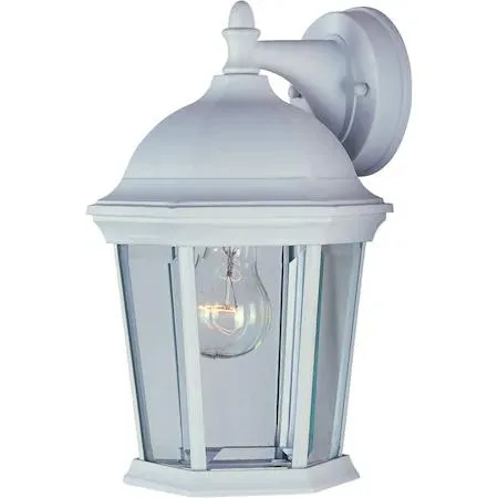 White outdoor wall sconce with single light, rectangular cast form, clean finish