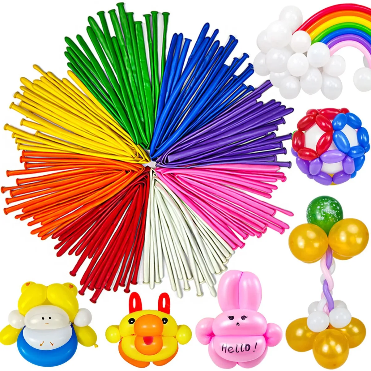 Clear poly bag holding one hundred long uninflated latex twisting balloons in assorted colours