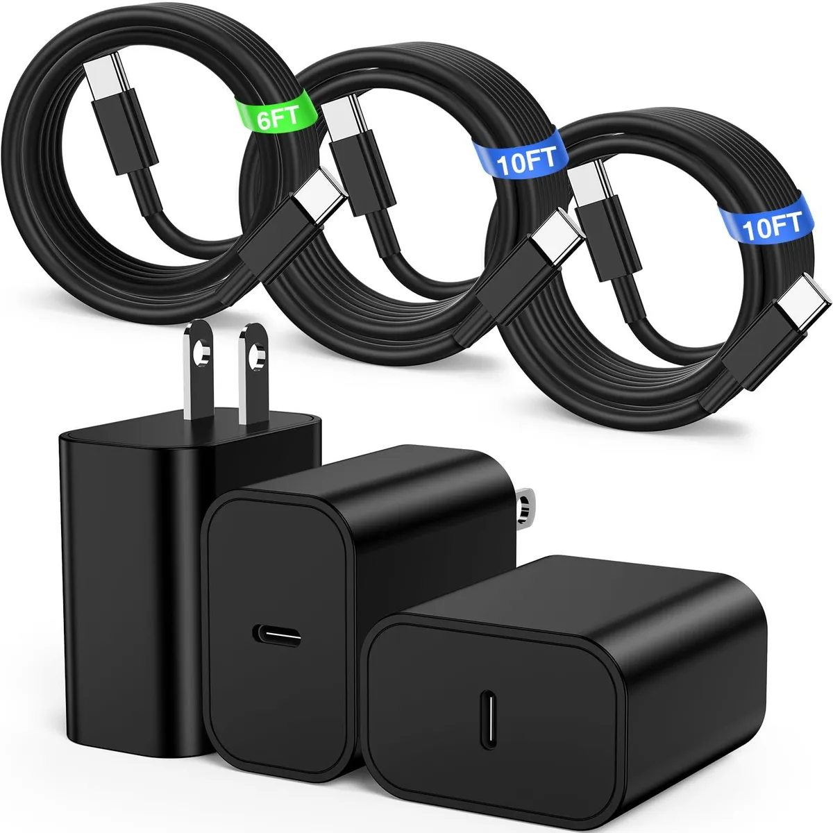 White compact USB-C wall charger with three coiled cables in varying lengths