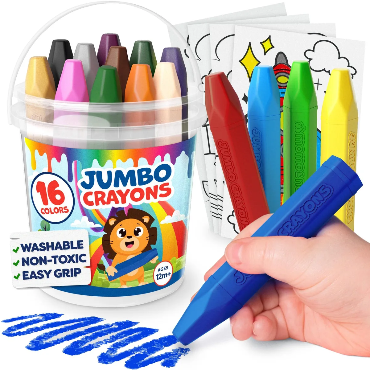  Momo &amp; Nashi Jumbo Crayons 16pc with 10 Sheets 50 PDFs — product photo