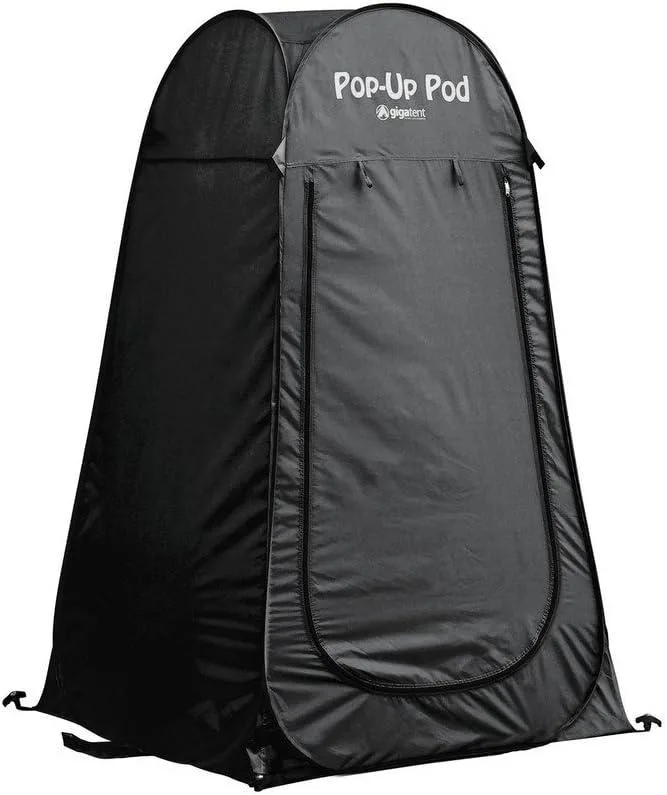 Pop-up changing tent, rectangular, light fabric, carry bag visible