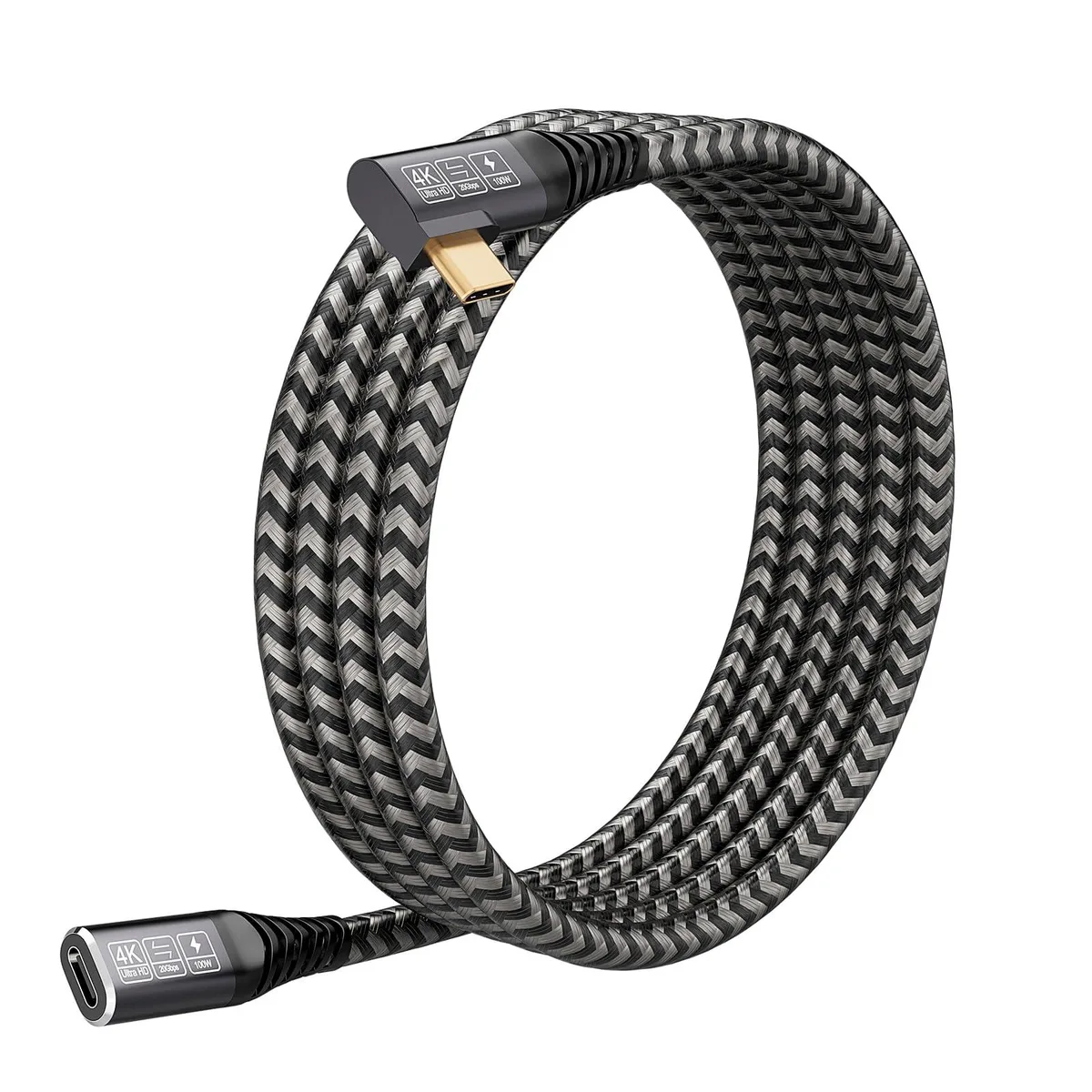 Black braided USB-C extension cable with right-angled male plug and straight female port
