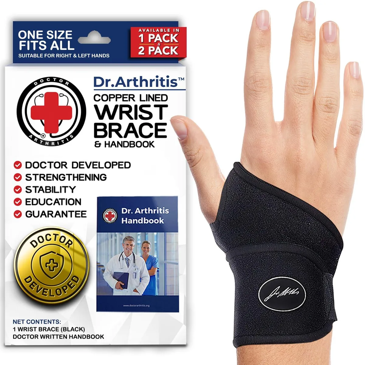 Black medium wrist brace in neoprene and nylon with adjustable strap system