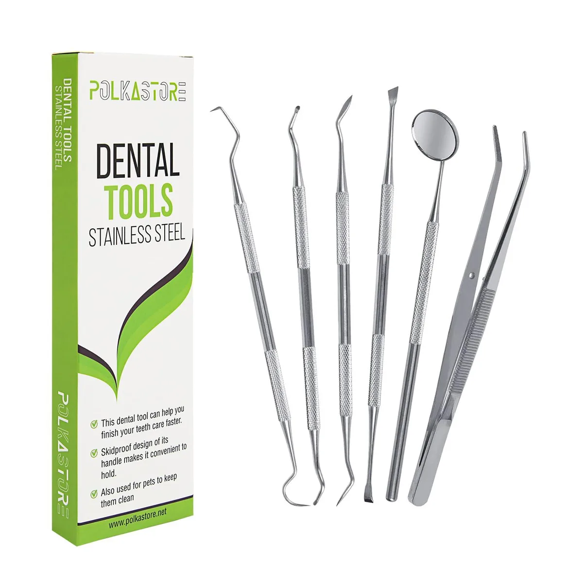 Six stainless steel dental tools in a case