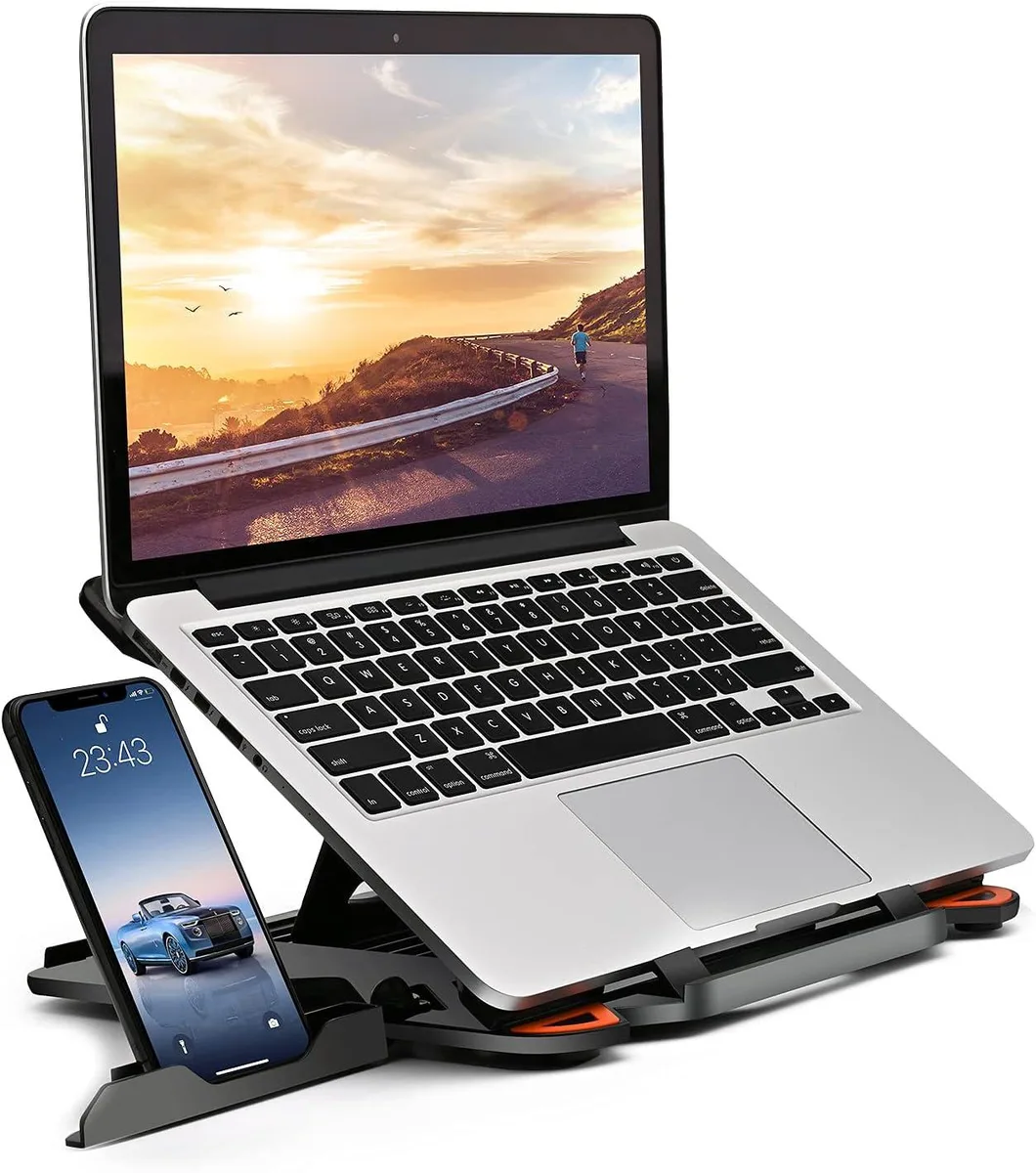 Foldable laptop stand in light grey ABS with rubber pads and a circular rotating base