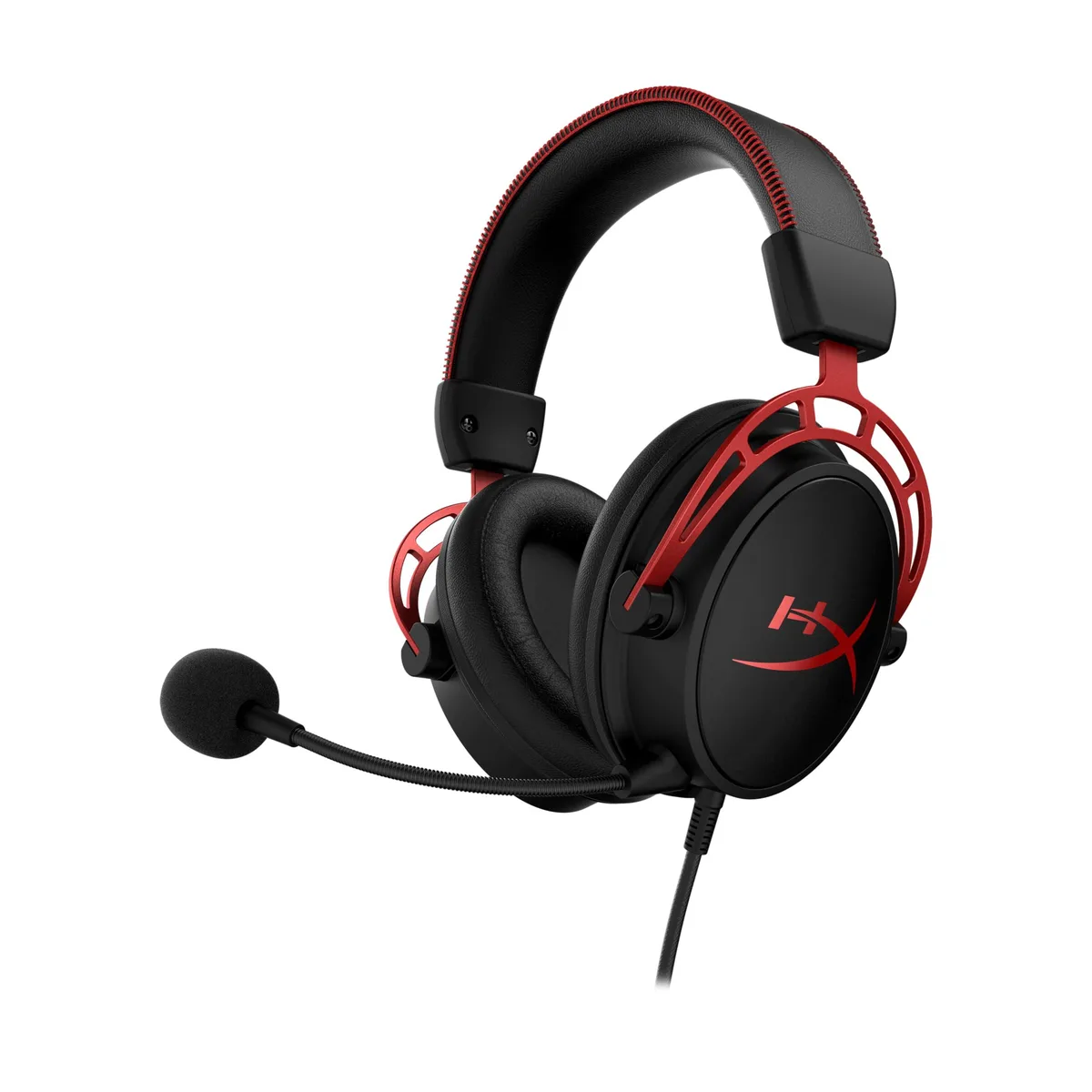 Red over-ear gaming headset with aluminium frame and detachable boom mic