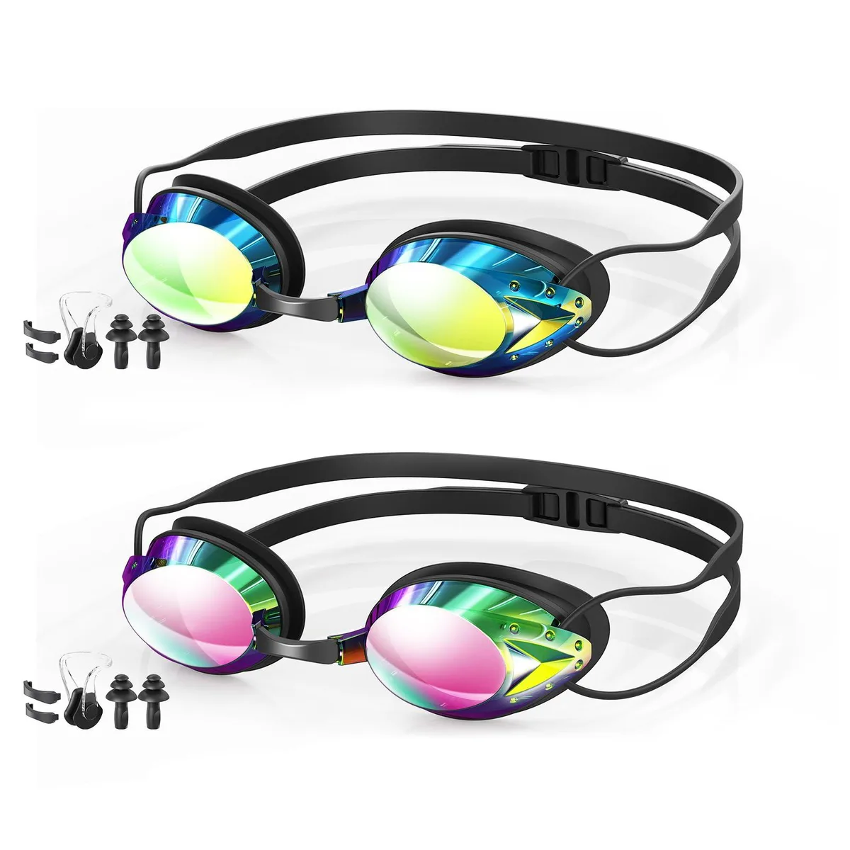 Two pairs of swimming goggles in aqua and bright rose with mirrored lenses and silicone straps