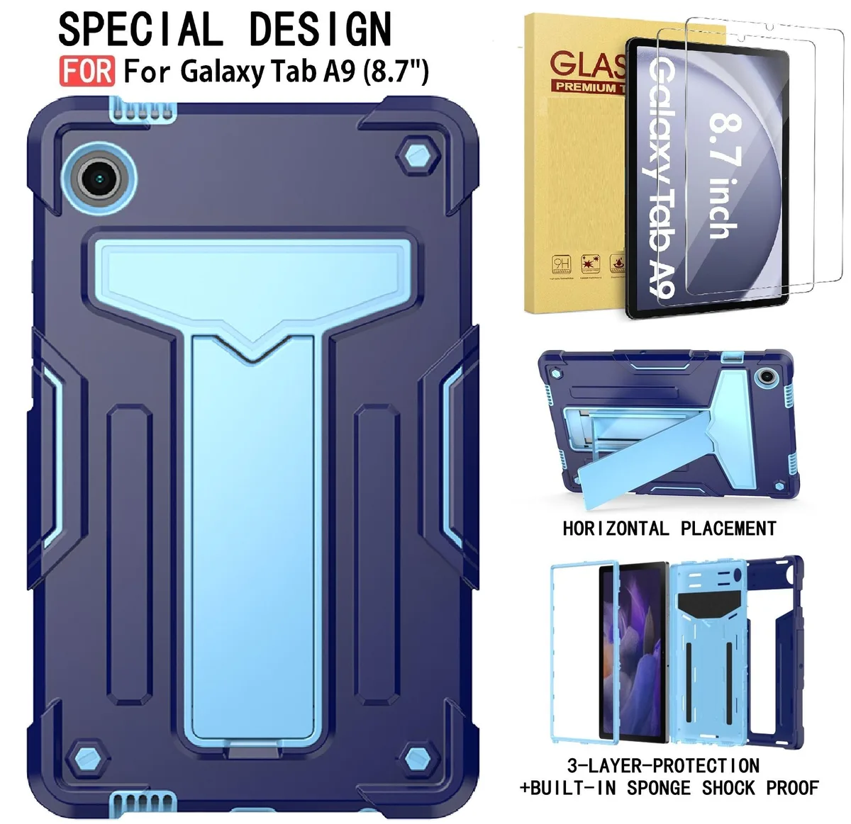anicestore anicestore Galaxy Tab A9 8.7 Inch Hybrid Case with Tempered Glass Blue/Light Blue — product photo
