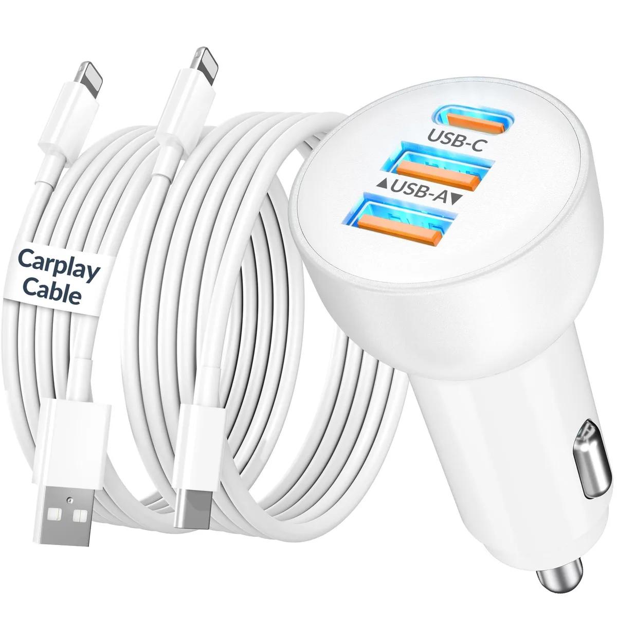 White 3-port car charger with two short white Lightning cables, one USB-A and one USB-C