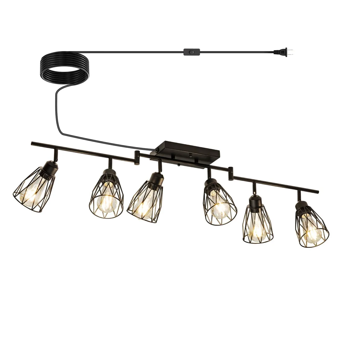 Black six-light track lighting kit with adjustable cage shades and power cord