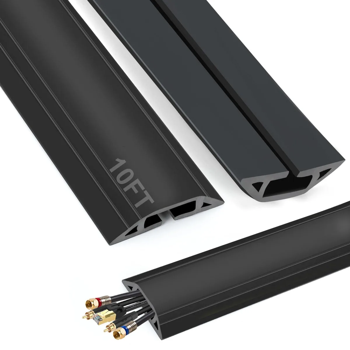Black 10 ft PVC floor cord cover with self-adhesive backing