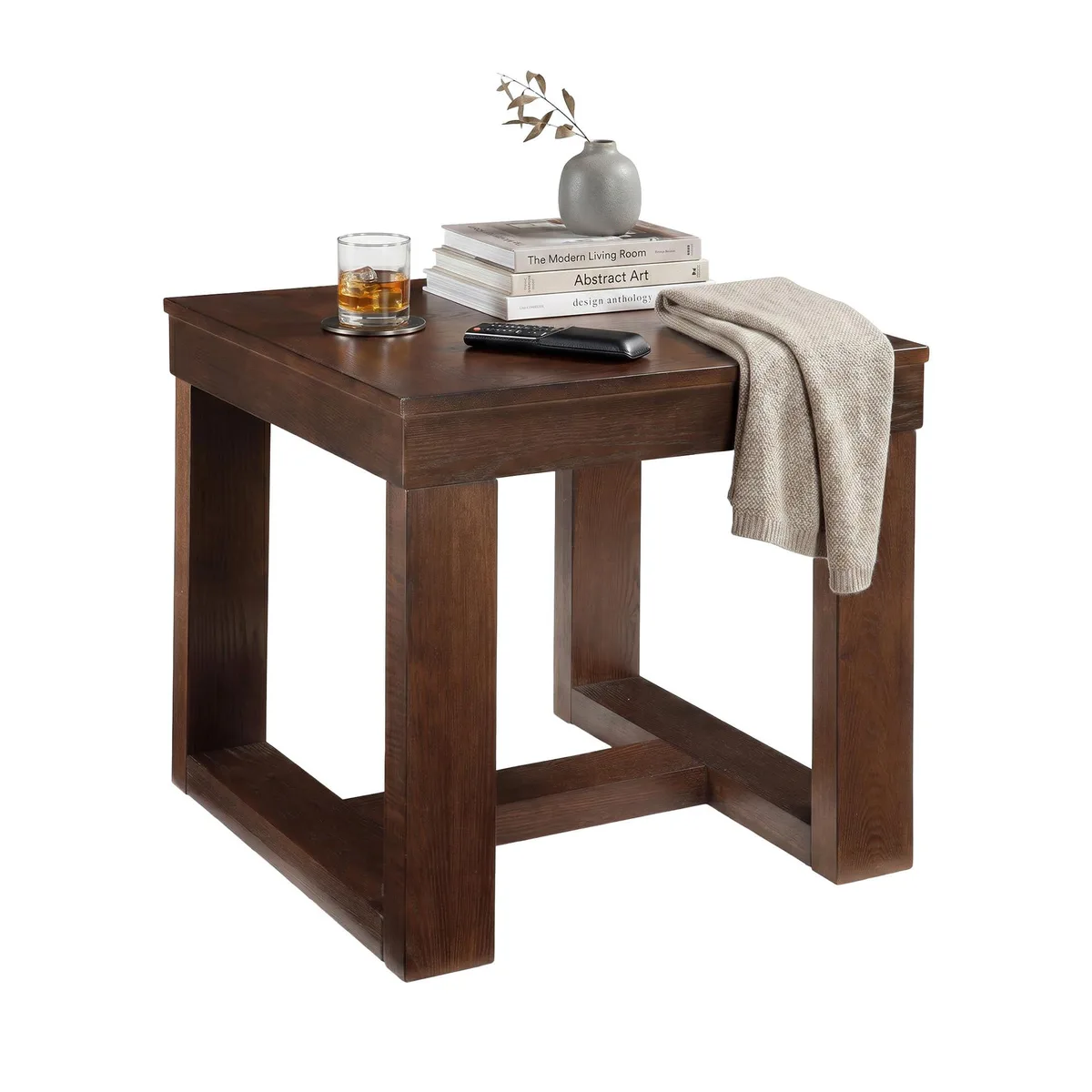 Square black end table with stretcher bars and lightly distressed finish