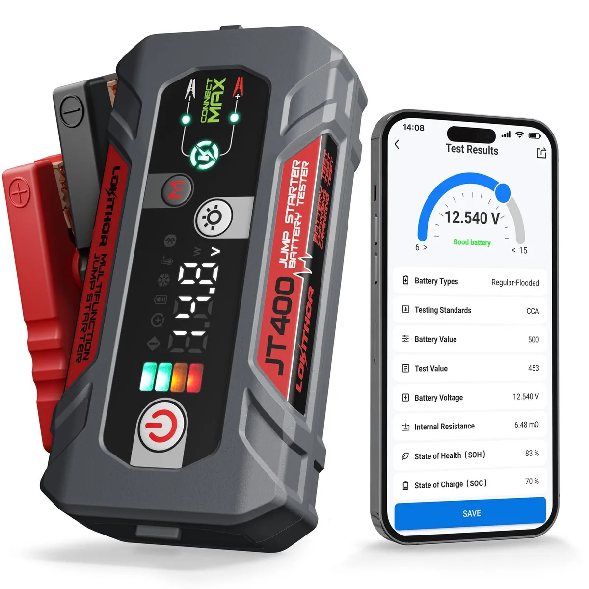 Compact jump starter unit with attached clamps, dark matte finish