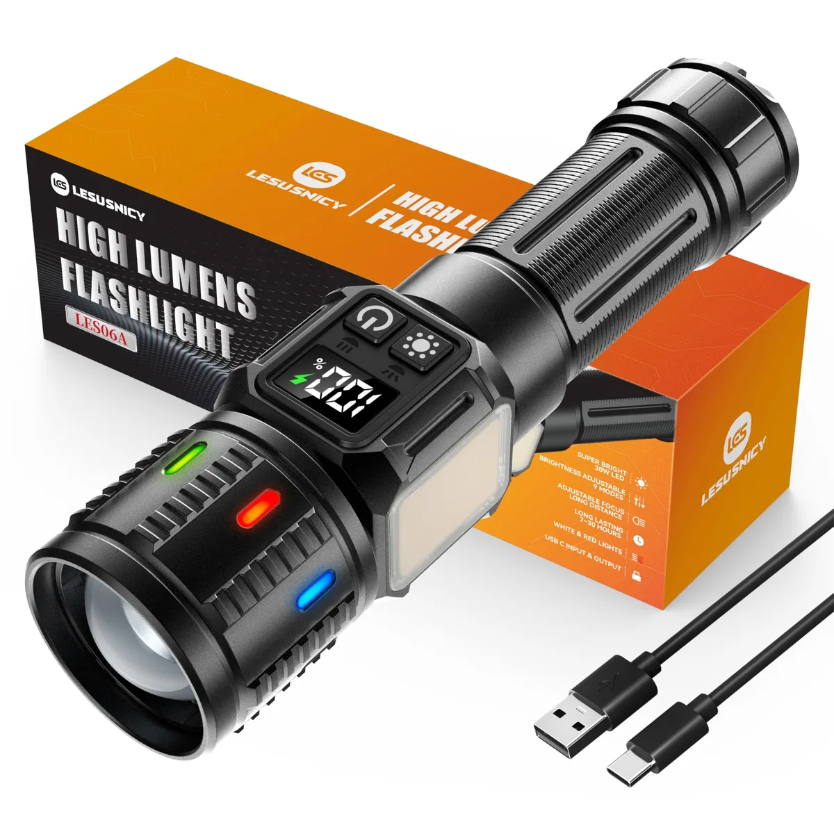 Cylindrical aluminium flashlight with USB-C port and LCD power display