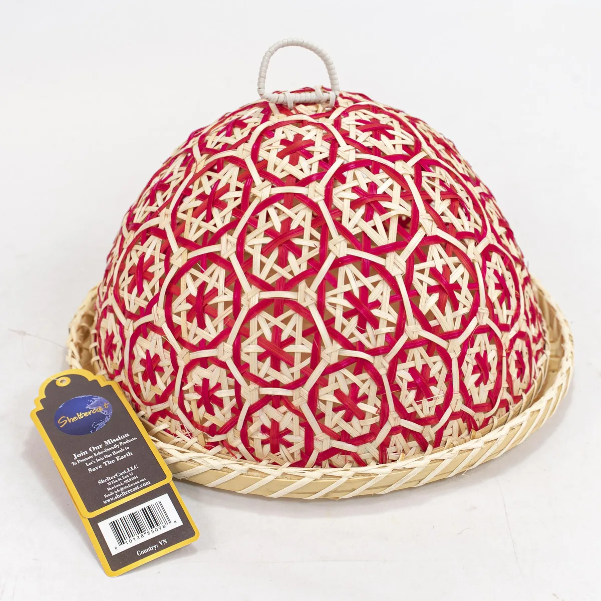 Round red bamboo basket with natural woven sides and lid