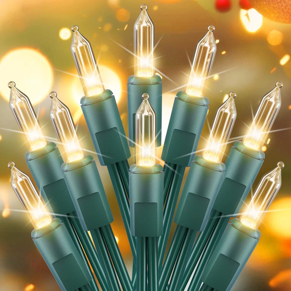Clear mini lights on green wire, fifty bulbs over ten feet