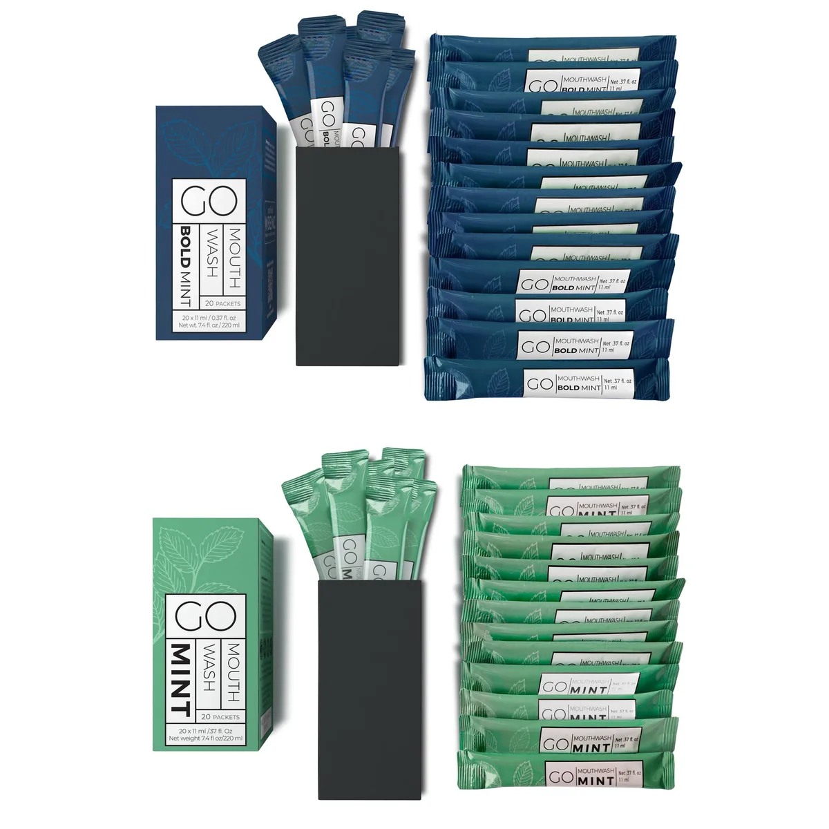 White box containing 40 small liquid mouthwash packets
