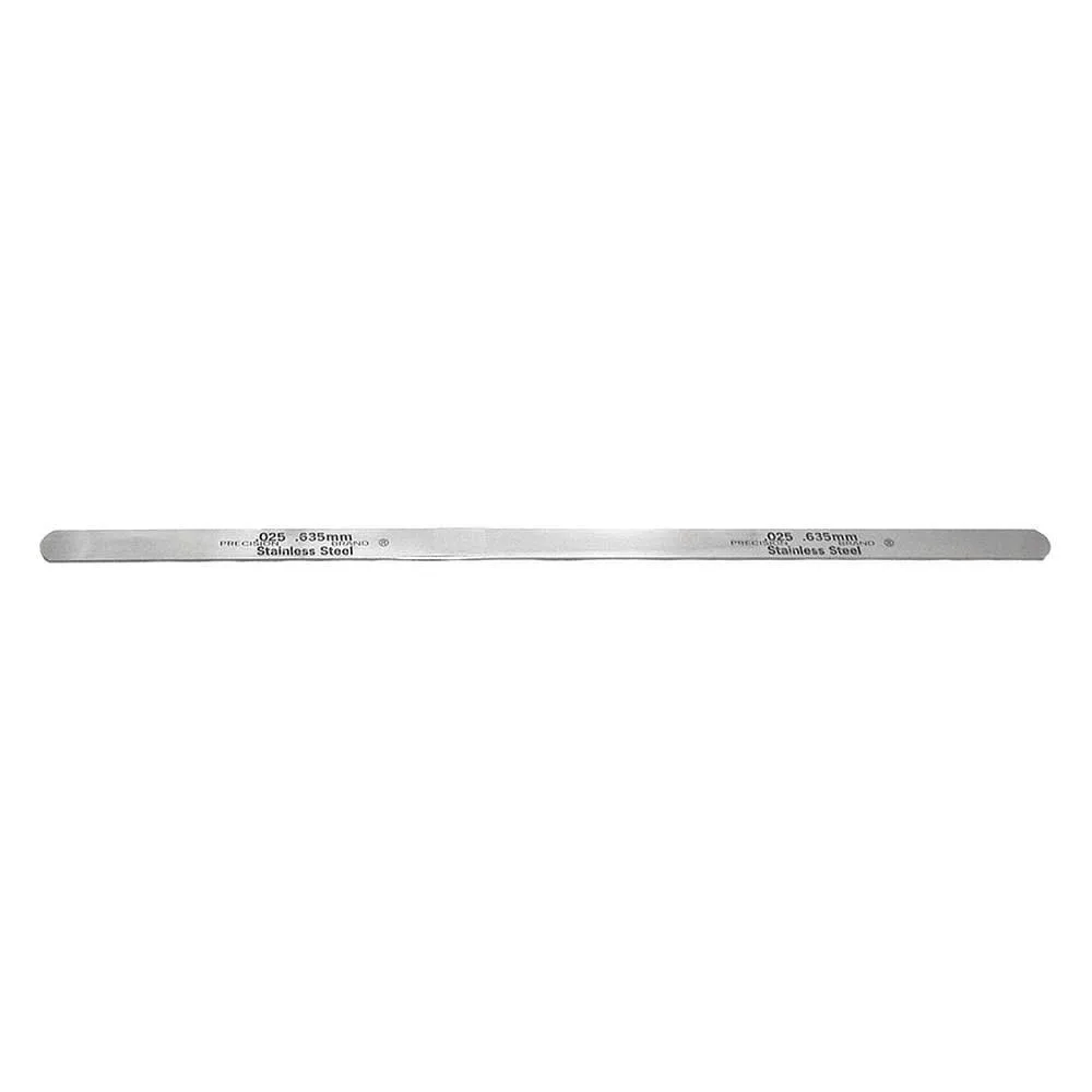 Twelve stainless steel feeler gauge blades, 0.0005 inch thick, 12 inch long, half inch wide, uncoated finish, inch markings