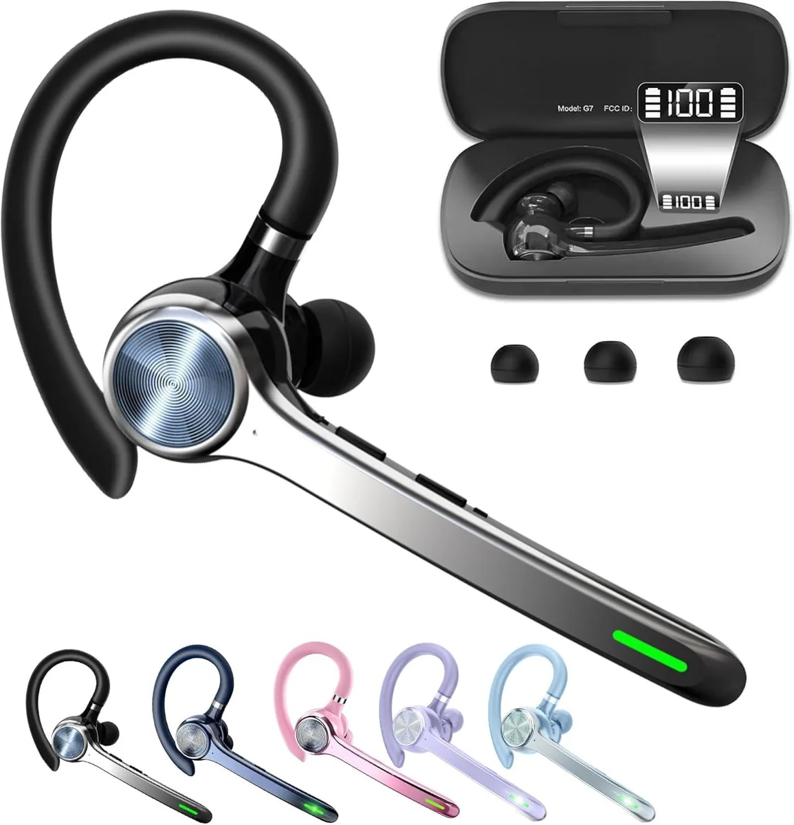 Single black in-ear headset with USB-C charging case