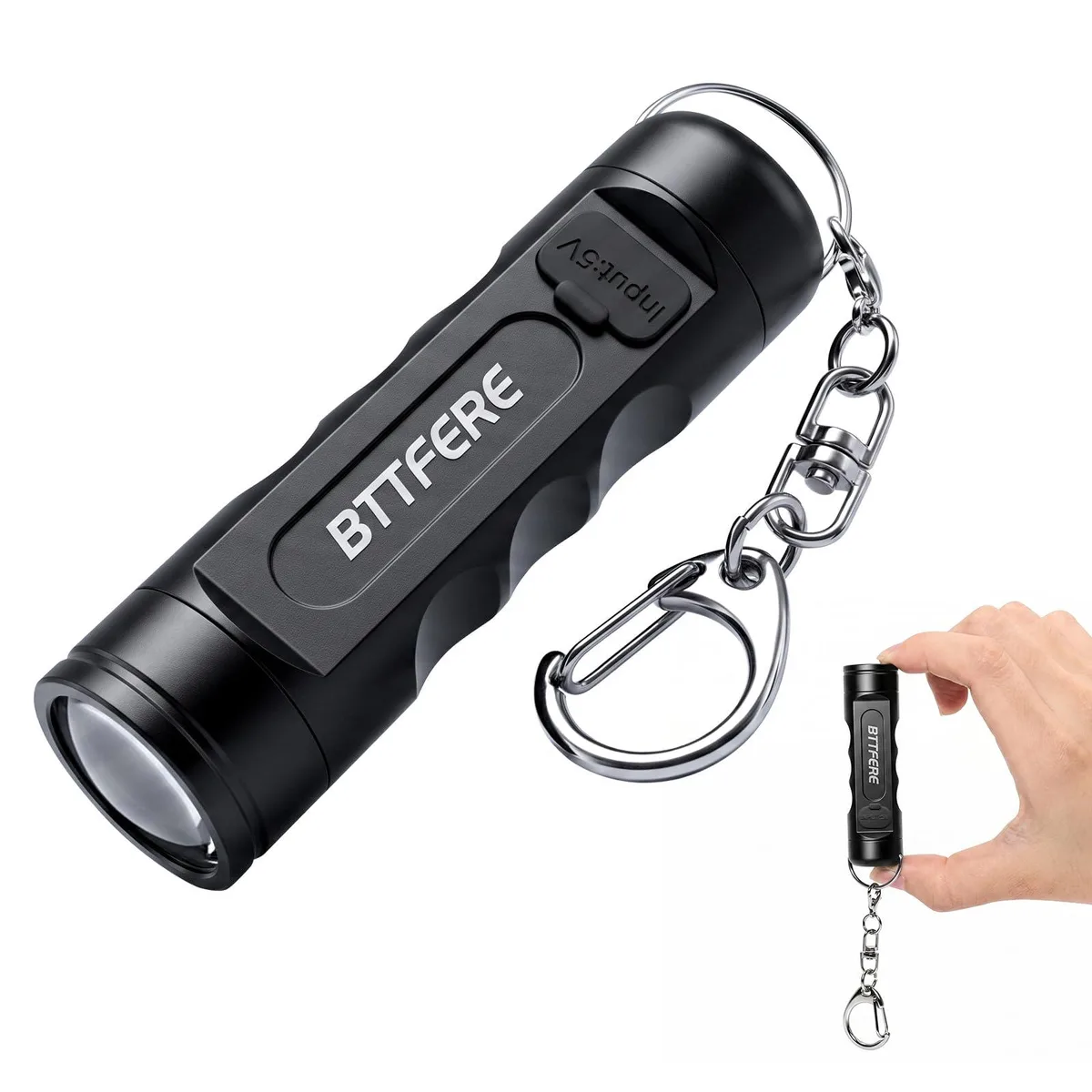 Tiny aluminium key-ring torch, 2.6×0.7×0.7 inches, USB-C port, magnetic base