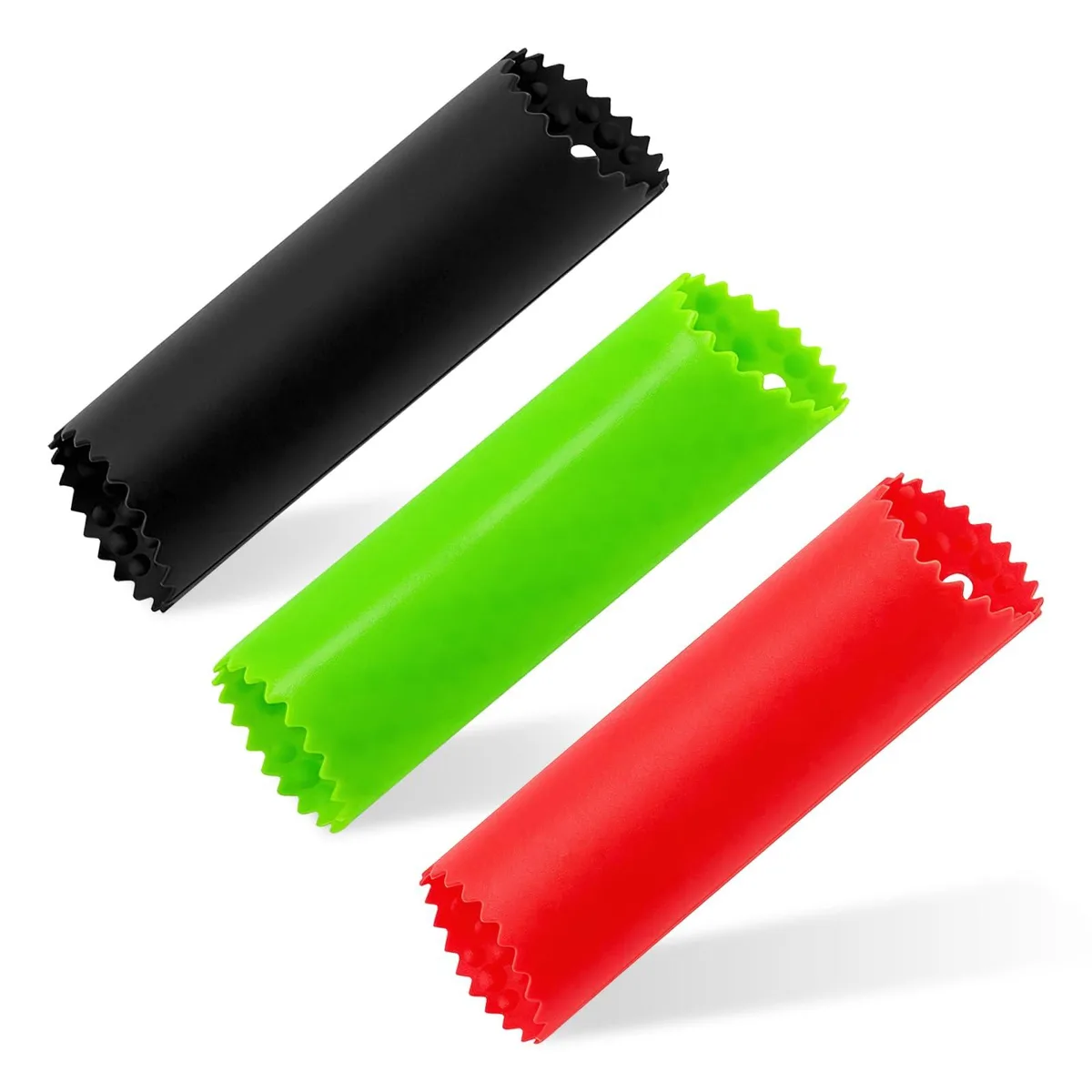 Three flexible silicone tubes in black, red and green with textured interiors and hanging holes