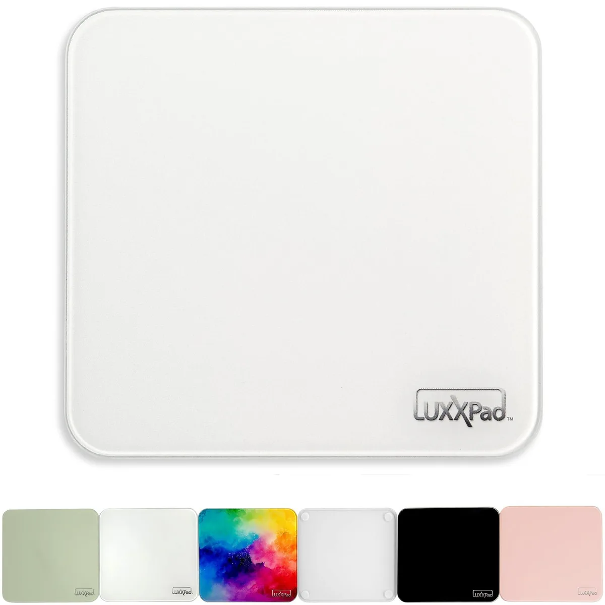 White tempered glass mouse pad with dry-erase surface and rubber feet, 7.5 inches